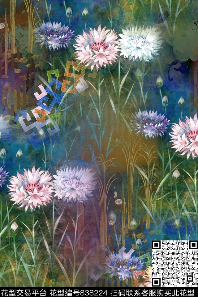 时尚手绘水彩数码印花华亿平台下载（图片编号: 838224） - 瓦栏（Walan）