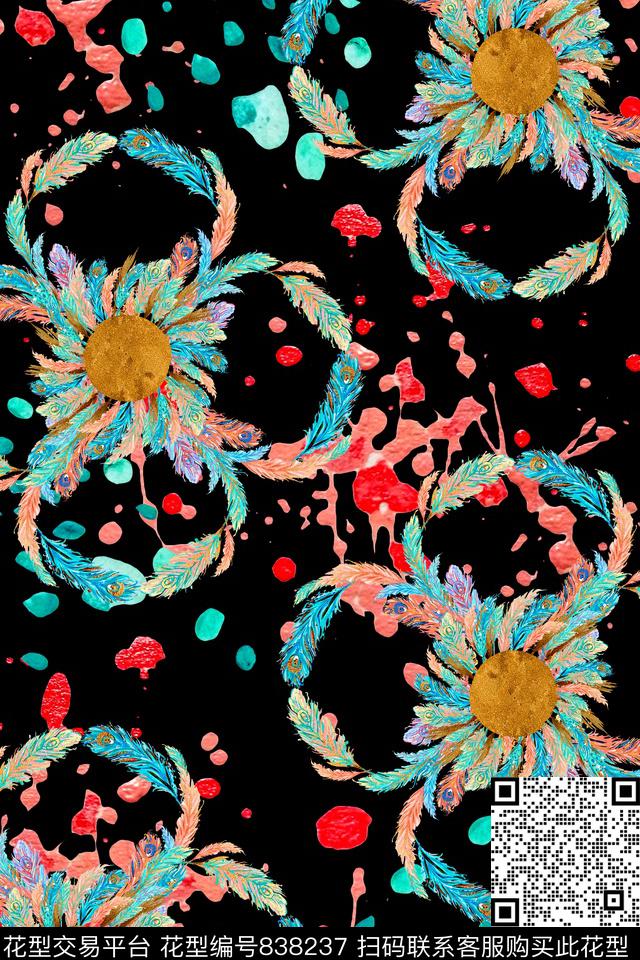 休闲手绘羽毛数码印花华亿平台下载（图片编号: 838237） - 瓦栏（Walan）