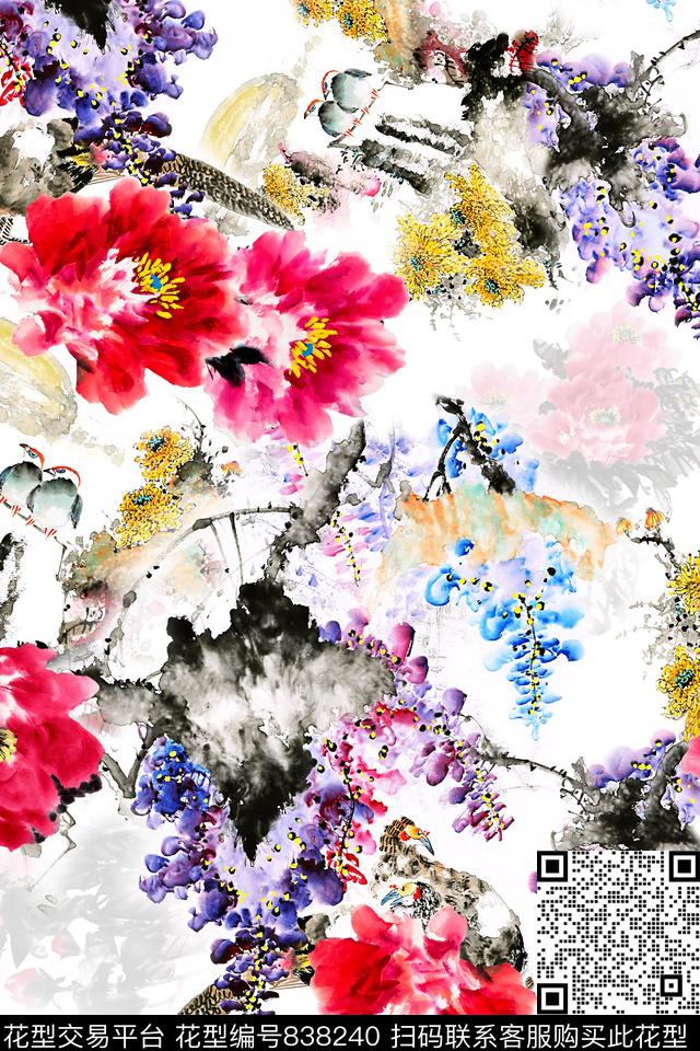 手绘花乱花中国风数码印花华亿平台下载（图片编号: 838240） - 瓦栏（Walan）