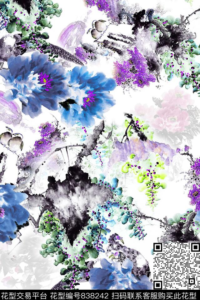 手绘花乱花中国风数码印花华亿平台下载（图片编号: 838242） - 瓦栏（Walan）