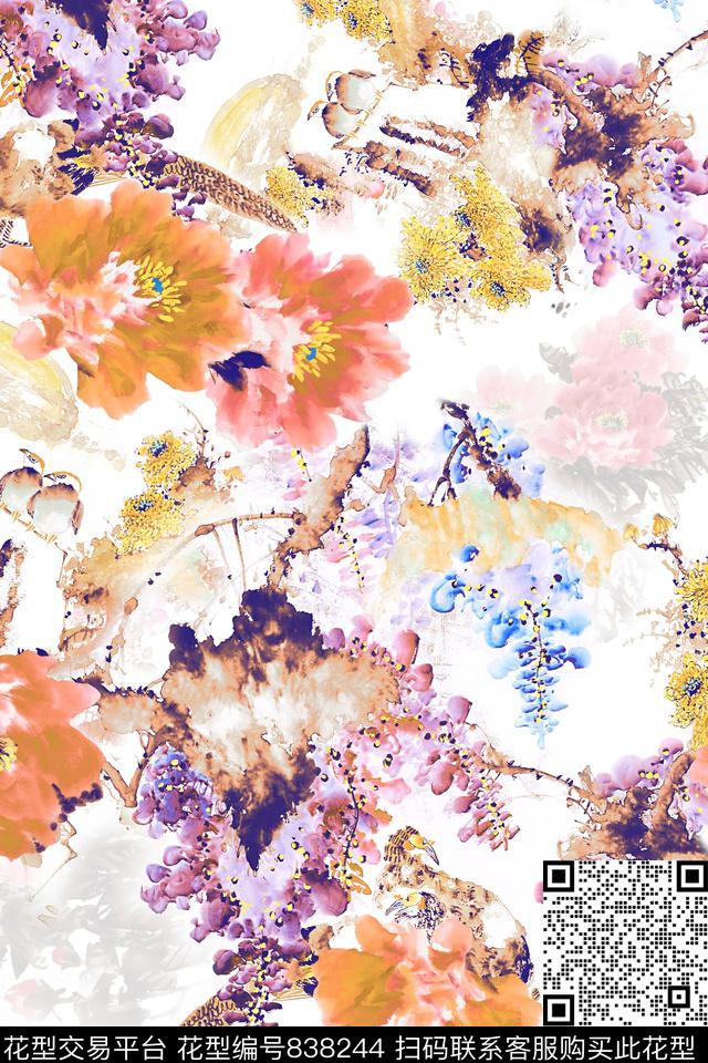 手绘花乱花中国风数码印花华亿平台下载（图片编号: 838244） - 瓦栏（Walan）