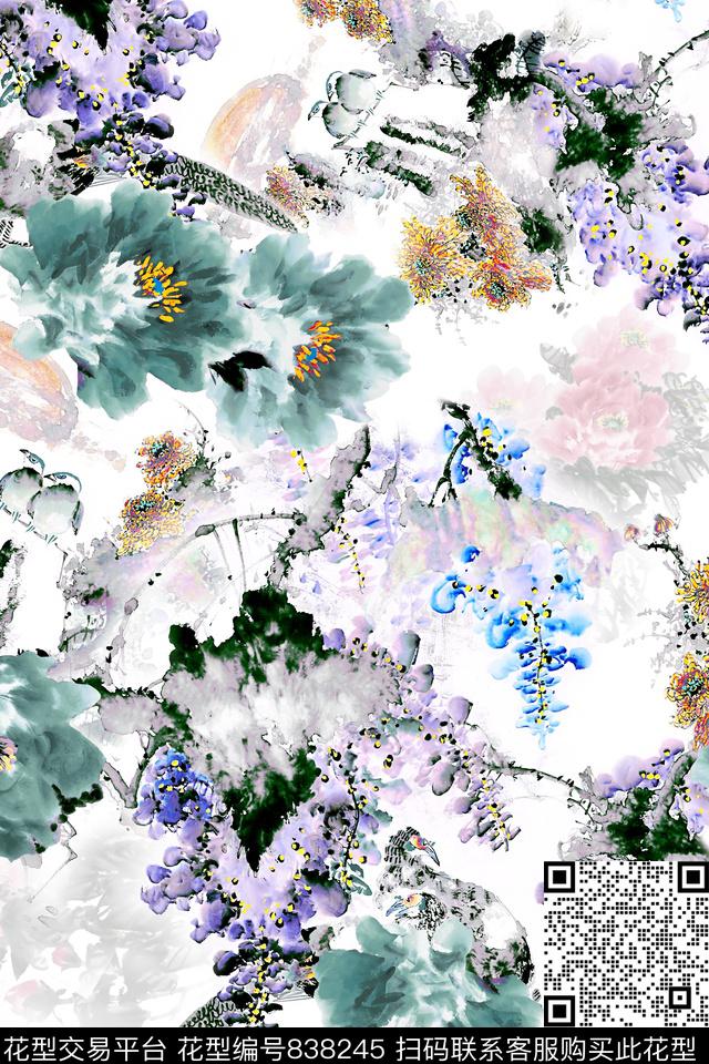 手绘花乱花中国风数码印花华亿平台下载（图片编号: 838245） - 瓦栏（Walan）