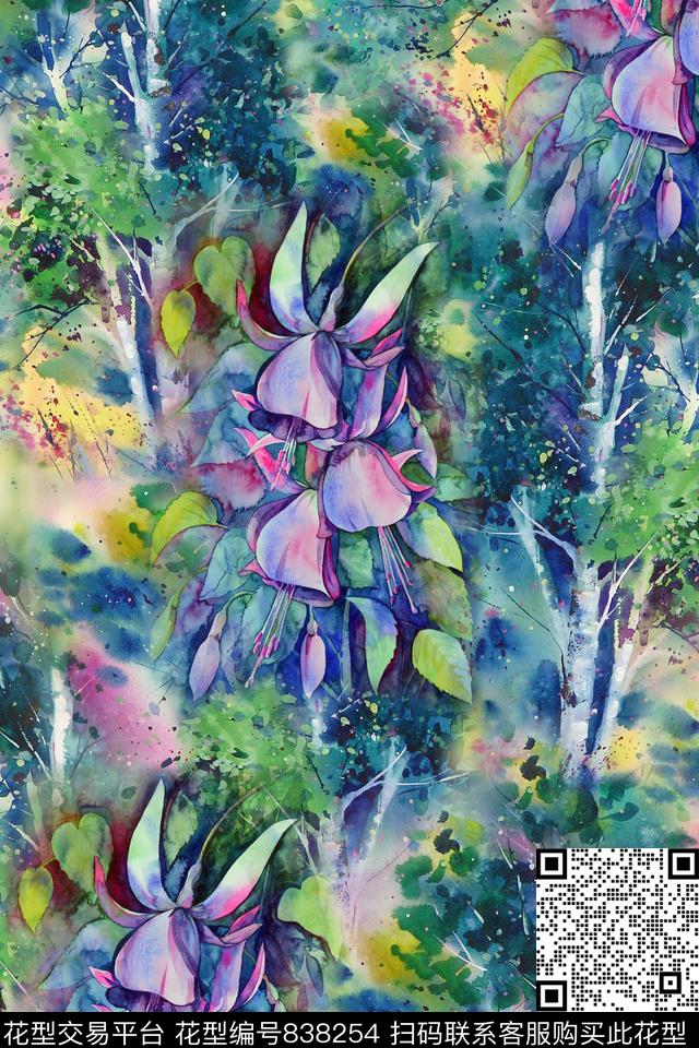 花卉水彩肌理数码印花华亿平台下载（图片编号: 838254） - 瓦栏（Walan）