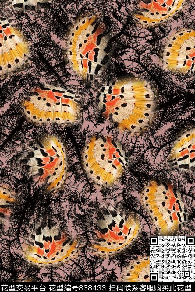 叶脉纹理蝴蝶纹数码印花华亿平台下载（图片编号: 838433） - 瓦栏（Walan）