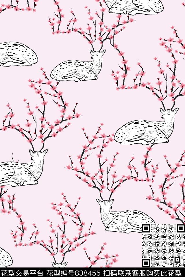 鹿动物纹桃花传统印花华亿平台下载（图片编号: 838455） - 瓦栏（Walan）
