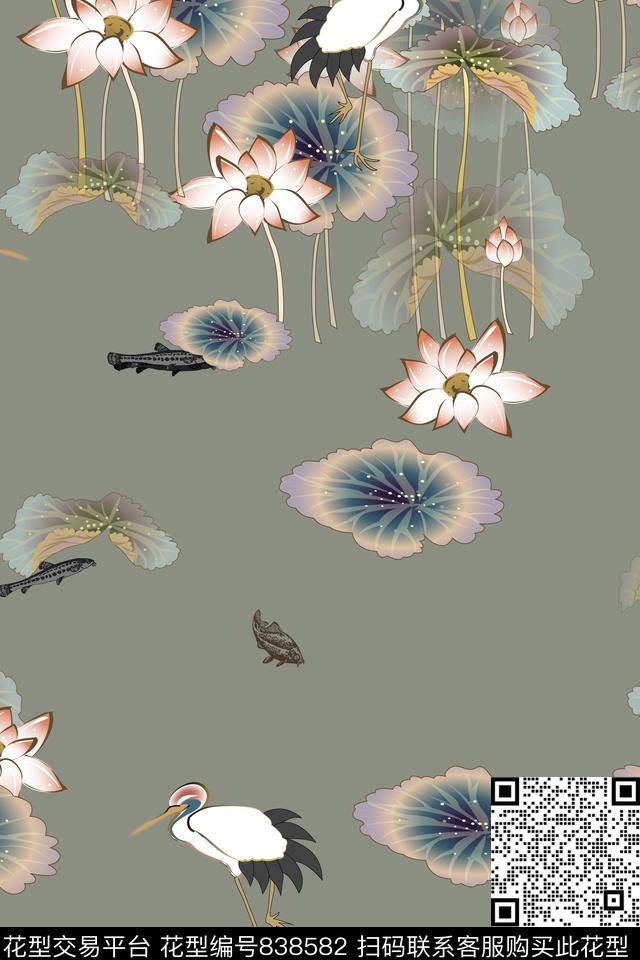莲花荷叶鱼儿数码印花华亿平台下载（图片编号: 838582） - 瓦栏（Walan）
