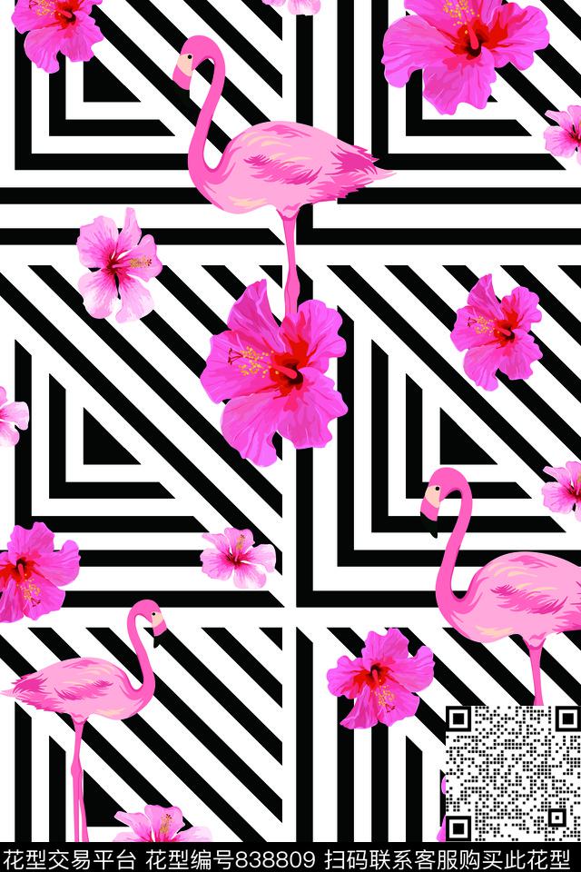 鸟火烈鸟花朵传统印花华亿平台下载（图片编号: 838809） - 瓦栏（Walan）