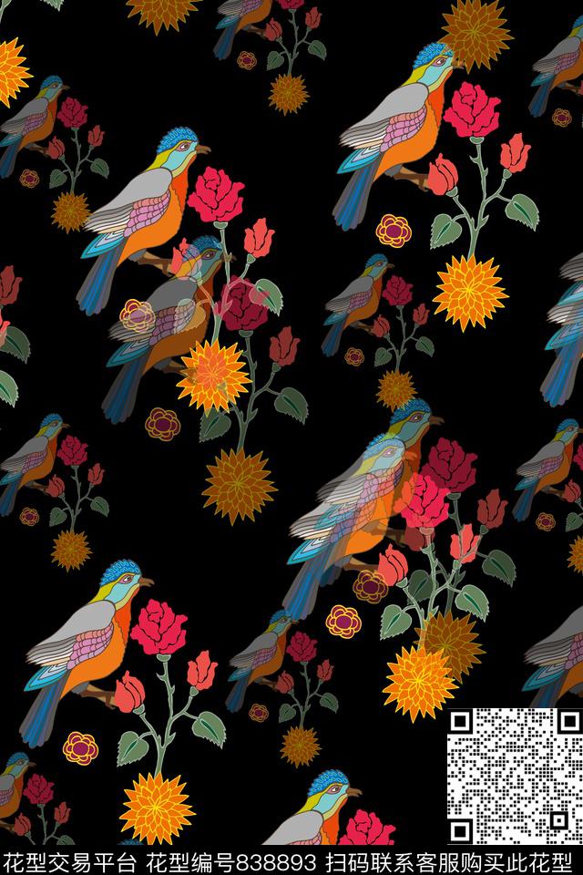 趣味鹦鹉花卉传统印花华亿平台下载（图片编号: 838893） - 瓦栏（Walan）