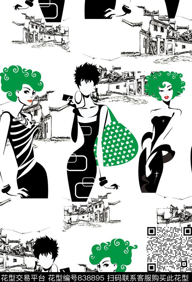 时尚卡通美女街头速写美女街拍传统印花华亿平台下载（图片编号: 838895） - 瓦栏（Walan）
