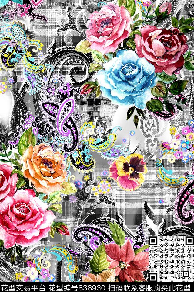 时尚手绘花卉数码印花华亿平台下载（图片编号: 838930） - 瓦栏（Walan）