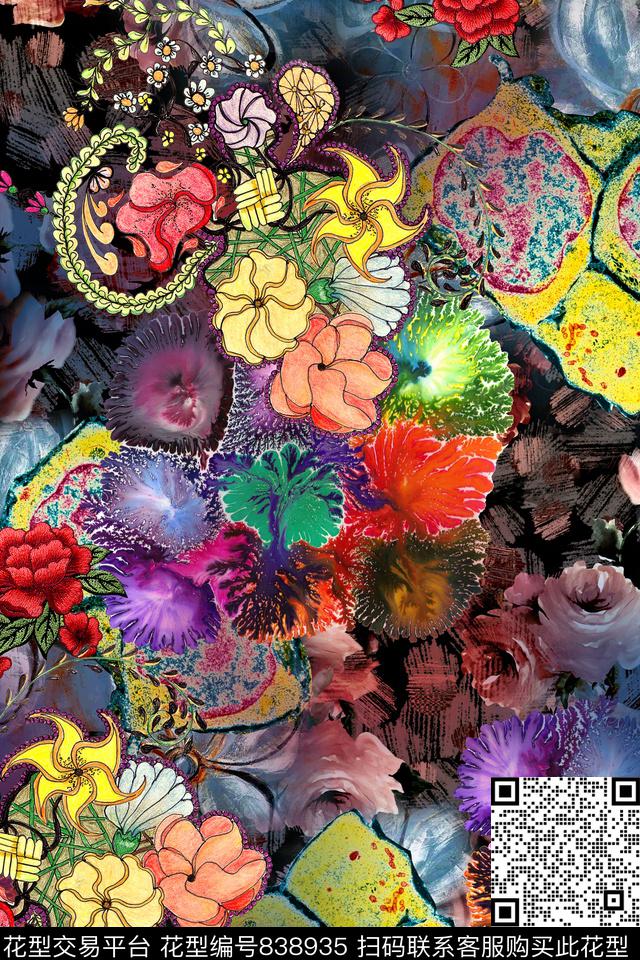 时尚手绘花卉数码印花华亿平台下载（图片编号: 838935） - 瓦栏（Walan）