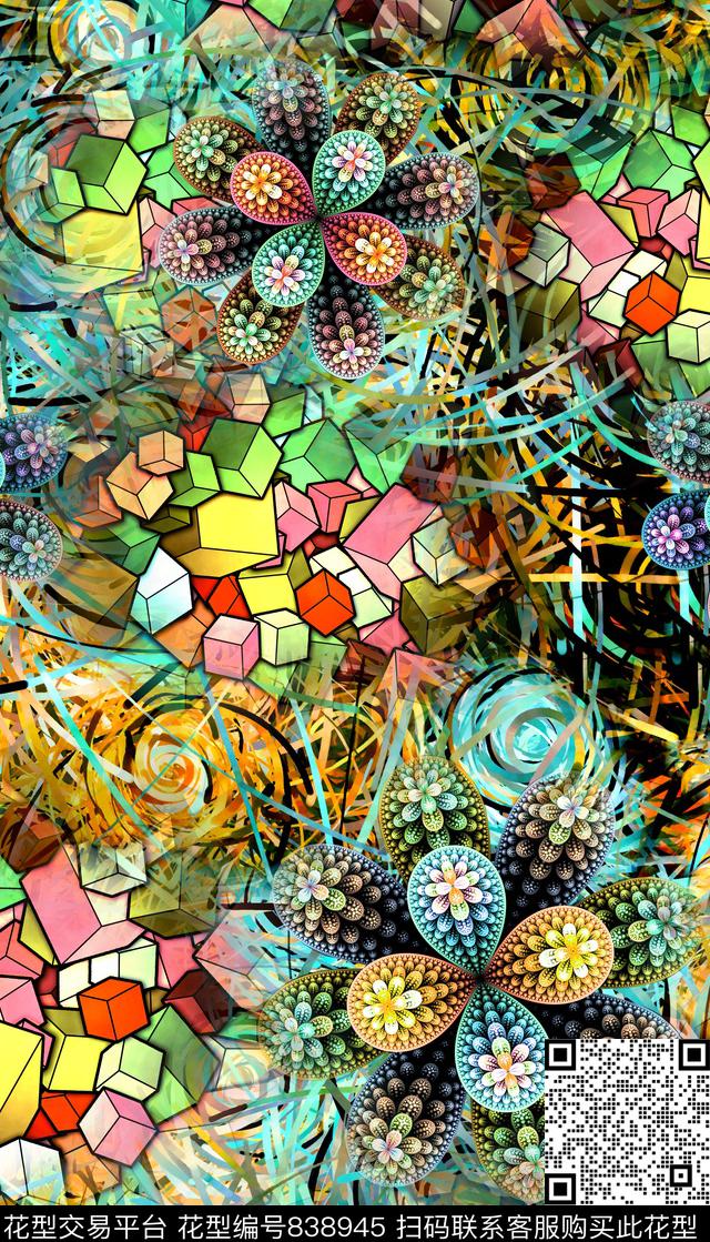 抽象几何拼接数码印花华亿平台下载（图片编号: 838945） - 瓦栏（Walan）