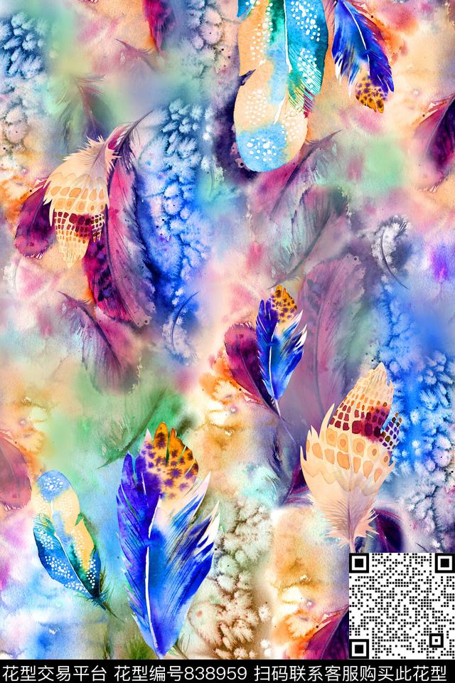 羽毛肌理水彩数码印花华亿平台下载（图片编号: 838959） - 瓦栏（Walan）