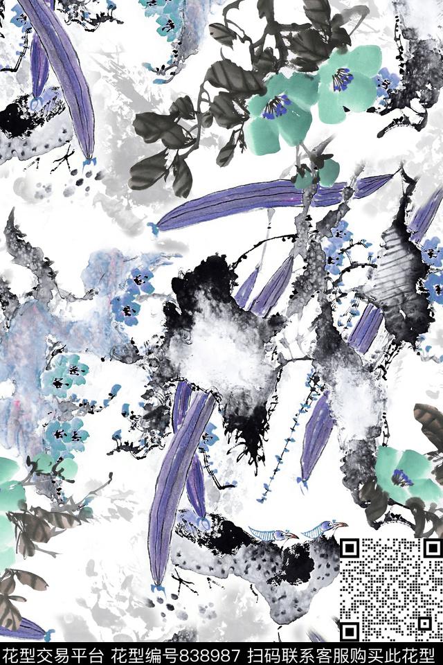 手绘花卉满版散花中国风数码印花华亿平台下载（图片编号: 838987） - 瓦栏（Walan）