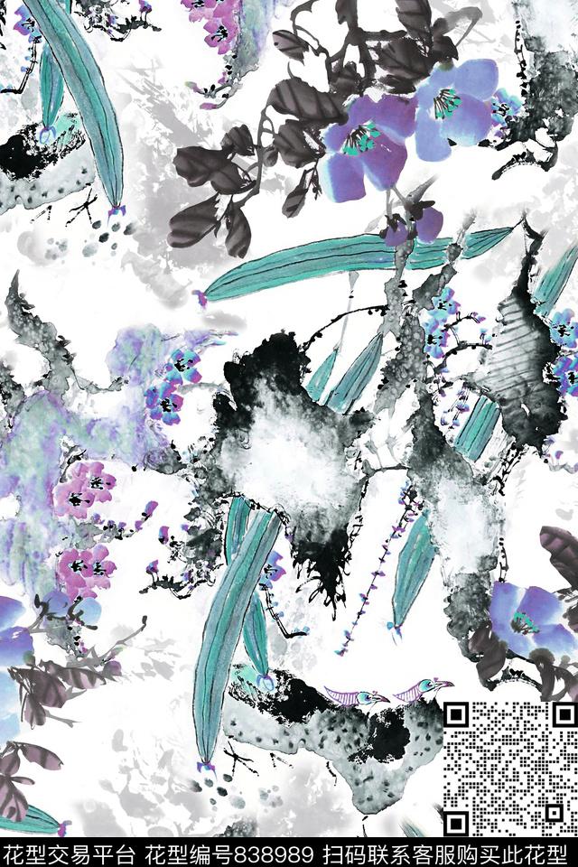 手绘花卉满版散花中国风数码印花华亿平台下载（图片编号: 838989） - 瓦栏（Walan）