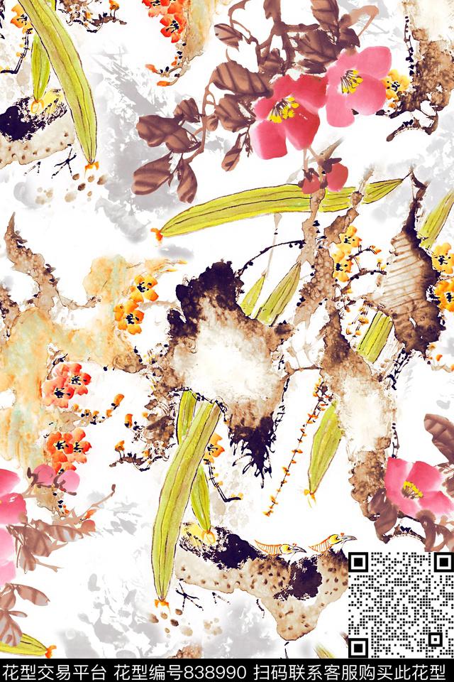 手绘花卉满版散花中国风数码印花华亿平台下载（图片编号: 838990） - 瓦栏（Walan）