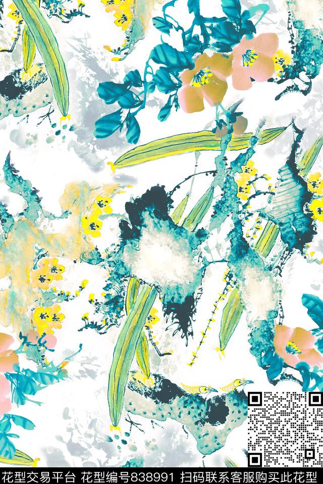 手绘花卉满版散花中国风数码印花华亿平台下载（图片编号: 838991） - 瓦栏（Walan）