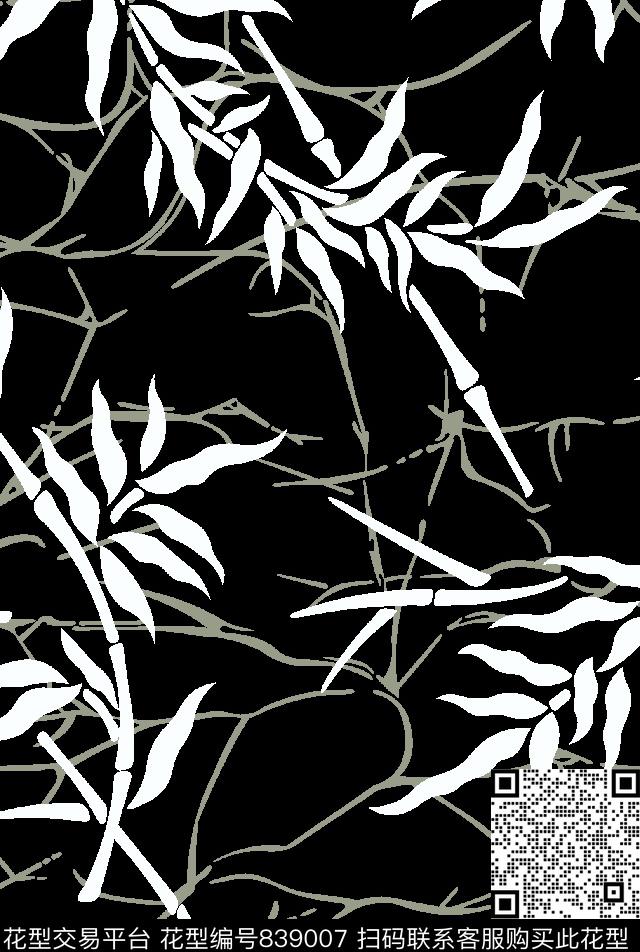 竹叶花朵花卉传统印花华亿平台下载（图片编号: 839007） - 瓦栏（Walan）
