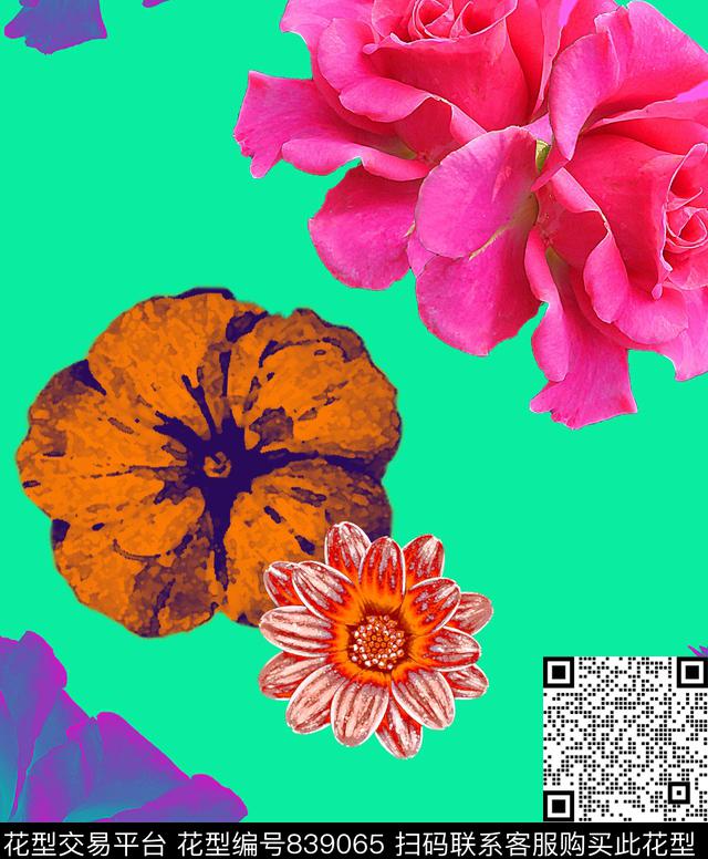 大花玫瑰色彩数码印花华亿平台下载（图片编号: 839065） - 瓦栏（Walan）