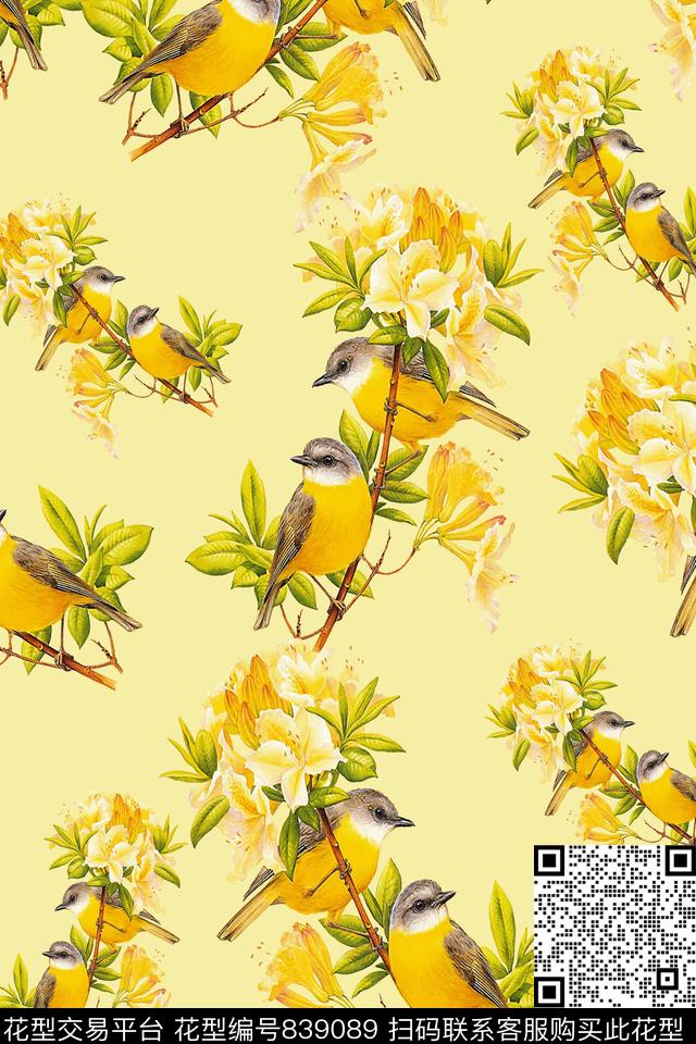 花鸟枝叶花卉数码印花华亿平台下载（图片编号: 839089） - 瓦栏（Walan）