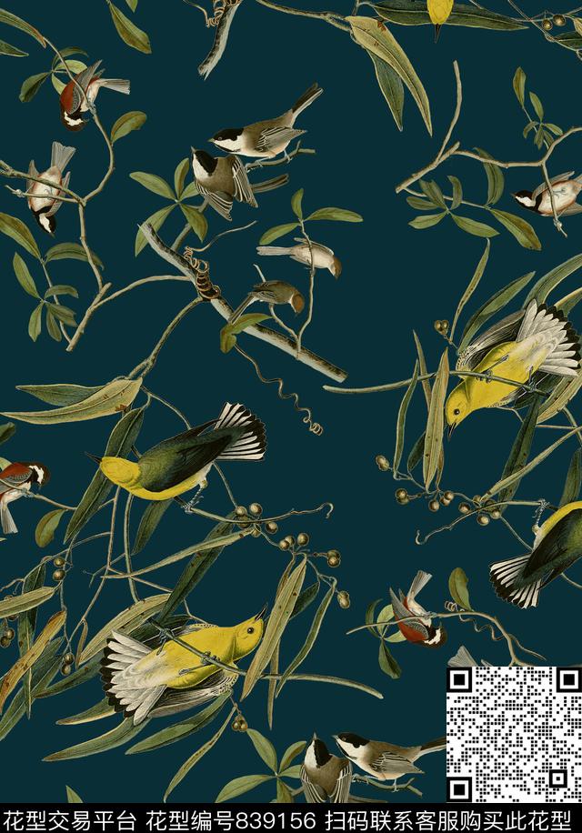 18复古手绘插画黄鹂鸟鸟树枝数码印花华亿平台下载（图片编号: 839156） - 瓦栏（Walan）