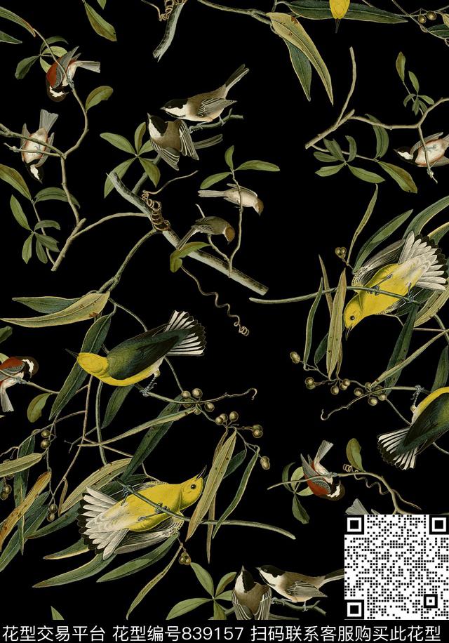18复古手绘插画黄鹂鸟鸟树枝数码印花华亿平台下载（图片编号: 839157） - 瓦栏（Walan）