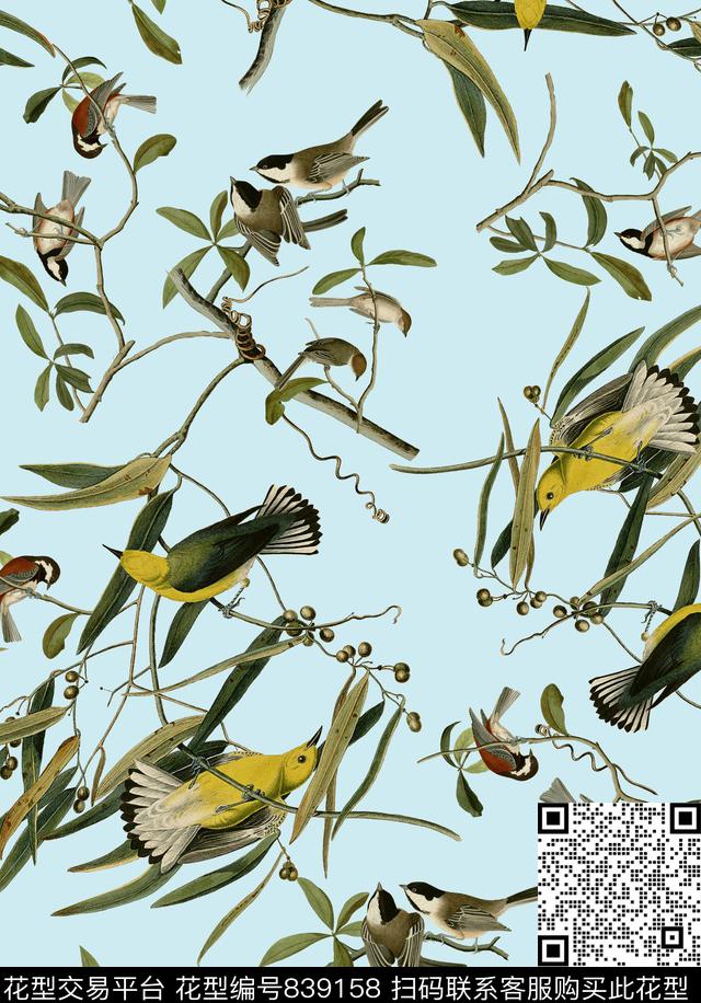 18复古手绘插画黄鹂鸟鸟树枝数码印花华亿平台下载（图片编号: 839158） - 瓦栏（Walan）