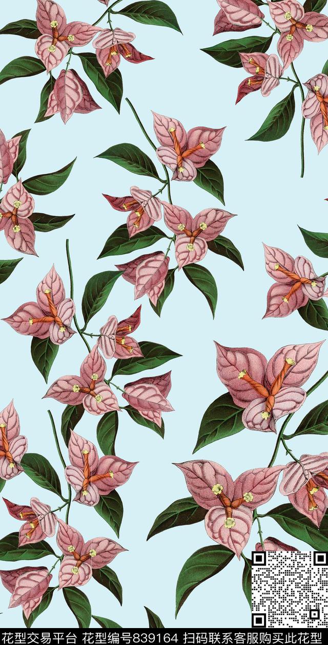 复古手绘一品红花卉植物数码印花华亿平台下载（图片编号: 839164） - 瓦栏（Walan）
