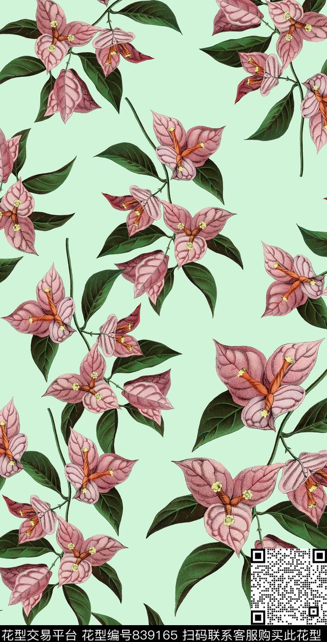 复古手绘一品红花卉植物数码印花华亿平台下载（图片编号: 839165） - 瓦栏（Walan）