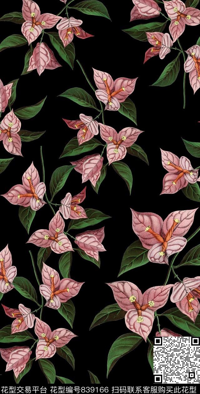 复古手绘一品红花卉植物数码印花华亿平台下载（图片编号: 839166） - 瓦栏（Walan）