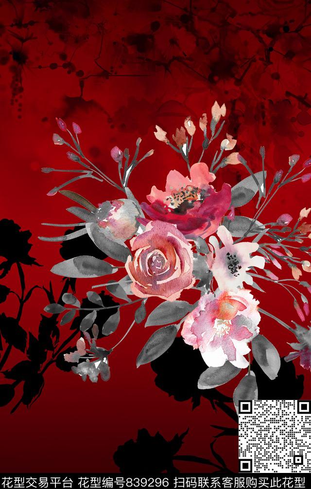 大红花剪影水彩数码印花华亿平台下载（图片编号: 839296） - 瓦栏（Walan）