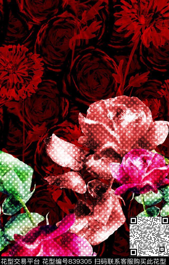 波点大红花水彩数码印花华亿平台下载（图片编号: 839305） - 瓦栏（Walan）