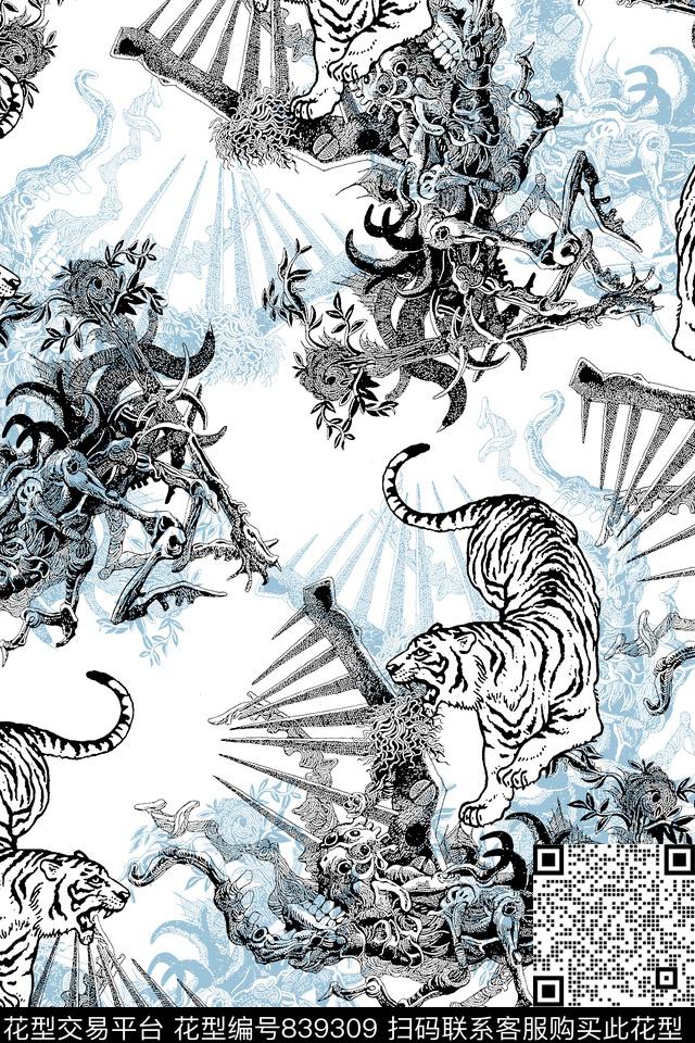 抽象纹理老虎男装衬衫华亿平台传统印花华亿平台下载（图片编号: 839309） - 瓦栏（Walan）