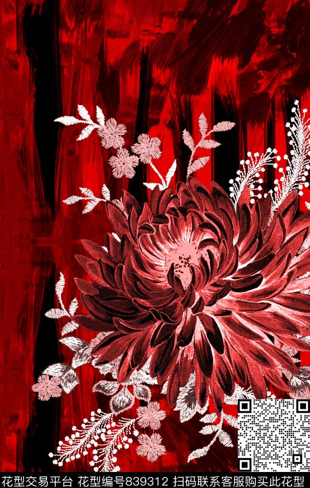 花朵花卉大红数码印花华亿平台下载（图片编号: 839312） - 瓦栏（Walan）