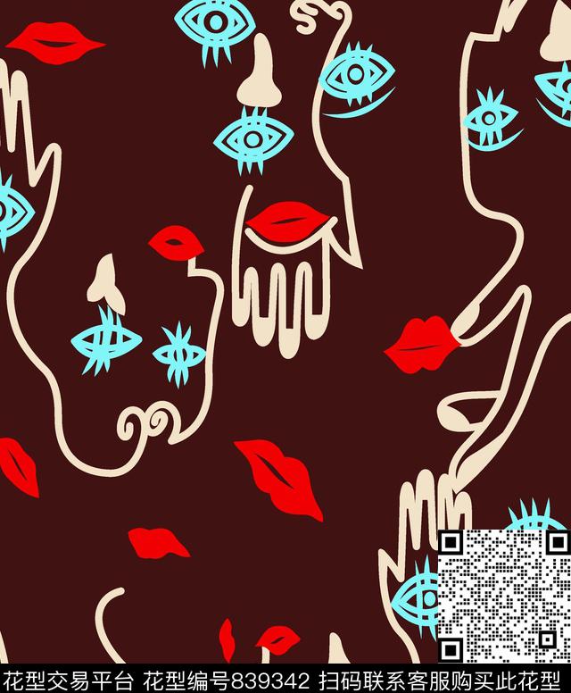 人体五官眼睛嘴唇传统印花华亿平台下载（图片编号: 839342） - 瓦栏（Walan）