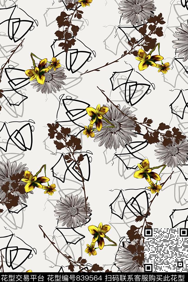 男装线条抽象花卉数码印花华亿平台下载（图片编号: 839564） - 瓦栏（Walan）