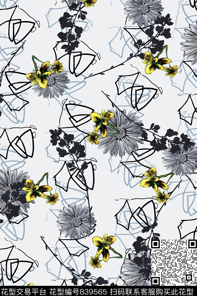 男装线条抽象花卉数码印花华亿平台下载（图片编号: 839565） - 瓦栏（Walan）
