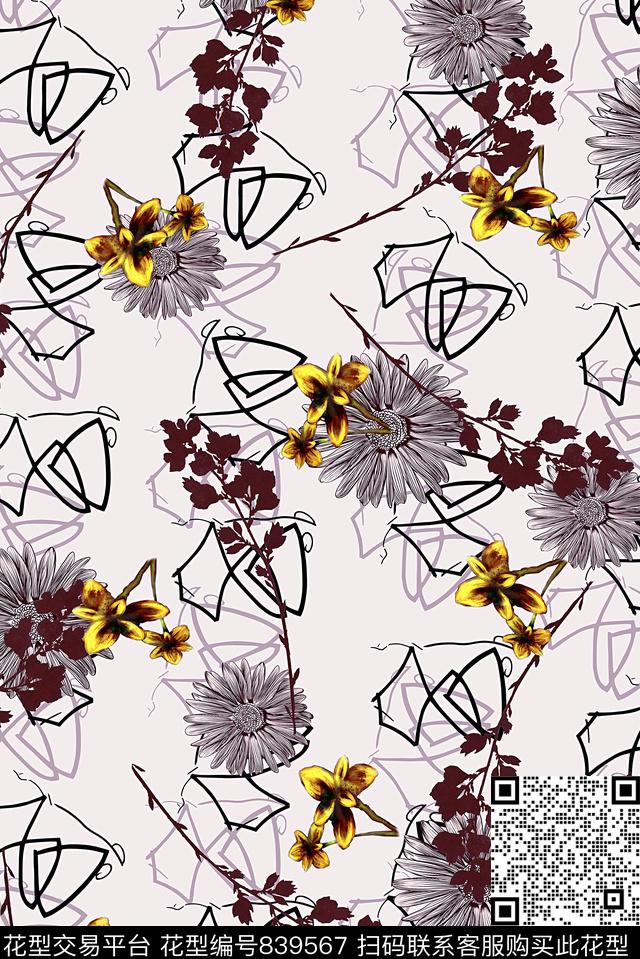 男装线条抽象花卉数码印花华亿平台下载（图片编号: 839567） - 瓦栏（Walan）