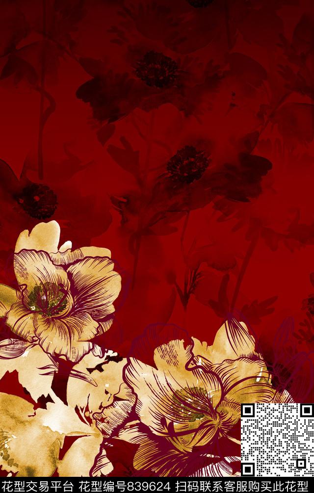 大花花朵花卉数码印花华亿平台下载（图片编号: 839624） - 瓦栏（Walan）