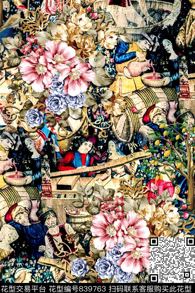 民族风人物花卉数码印花华亿平台下载（图片编号: 839763） - 瓦栏（Walan）