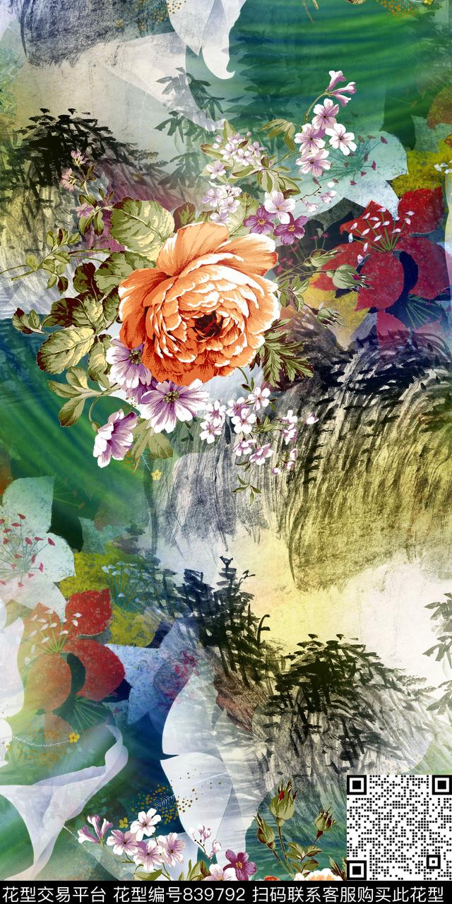 时尚手绘山水数码印花华亿平台下载（图片编号: 839792） - 瓦栏（Walan）