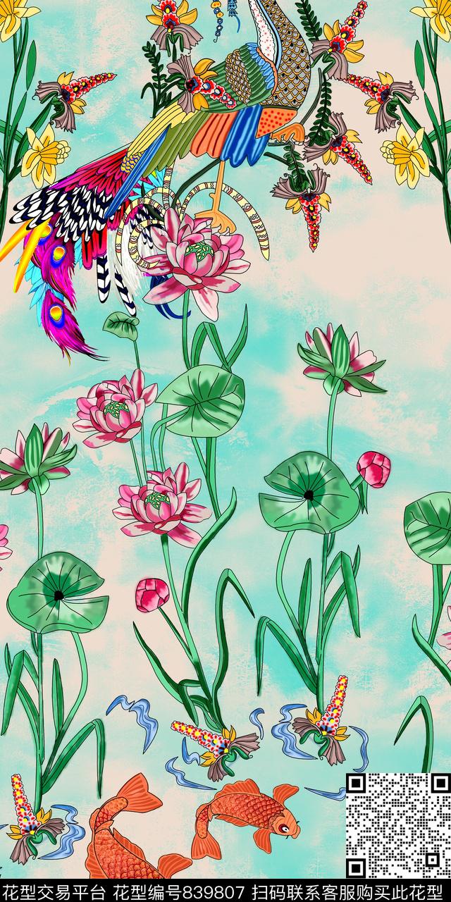 时尚荷花动物数码印花华亿平台下载（图片编号: 839807） - 瓦栏（Walan）