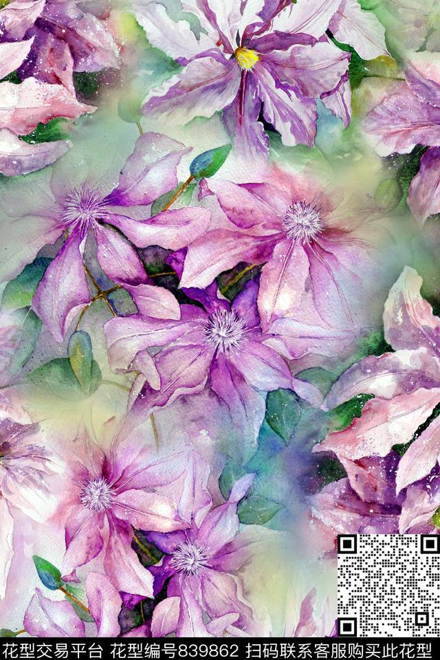 花卉玉兰水彩数码印花华亿平台下载（图片编号: 839862） - 瓦栏（Walan）