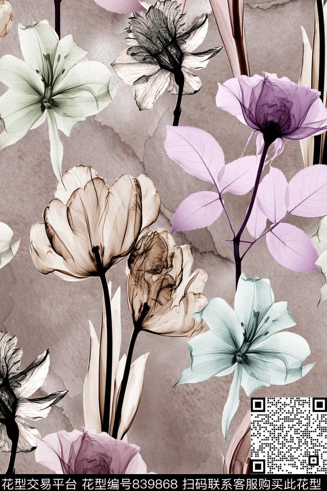 花卉水彩光影数码印花华亿平台下载（图片编号: 839868） - 瓦栏（Walan）