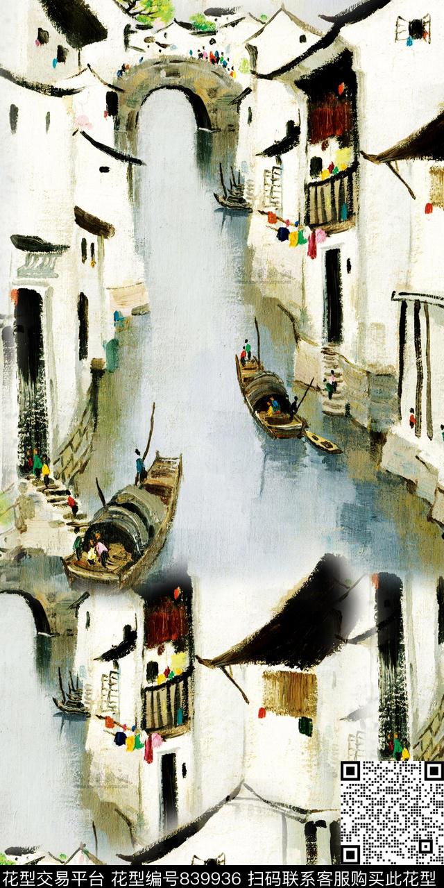 手绘房子风景江南水乡数码印花华亿平台下载（图片编号: 839936） - 瓦栏（Walan）