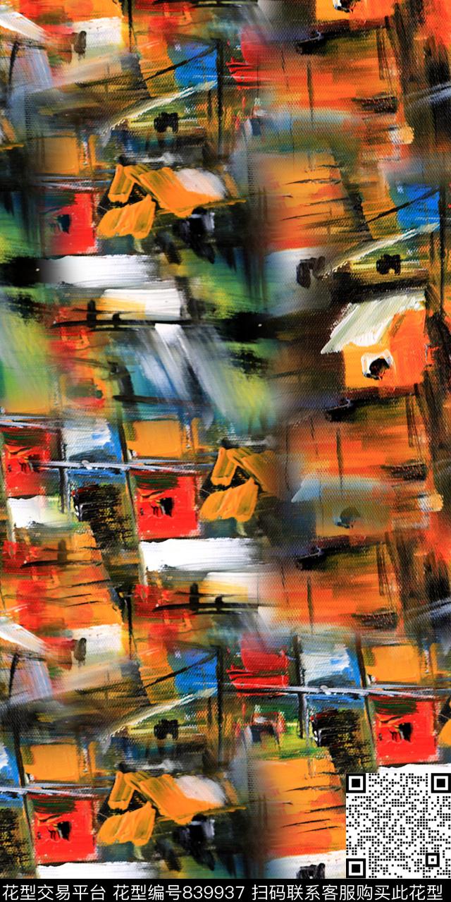 手绘抽象水彩房子数码印花华亿平台下载（图片编号: 839937） - 瓦栏（Walan）