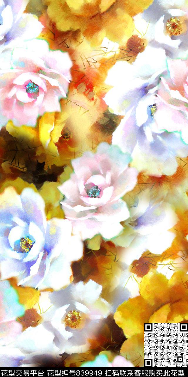 水彩花卉大花手绘花卉数码印花华亿平台下载（图片编号: 839949） - 瓦栏（Walan）