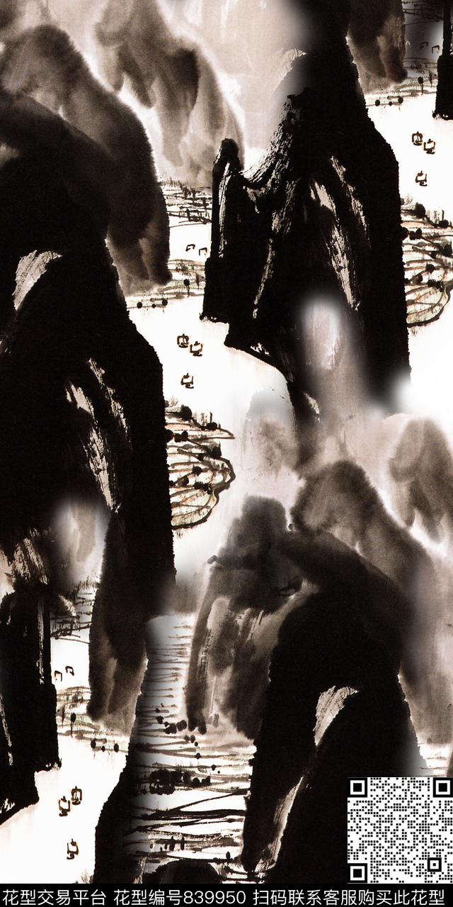 抽象水墨黑白数码印花华亿平台下载（图片编号: 839950） - 瓦栏（Walan）