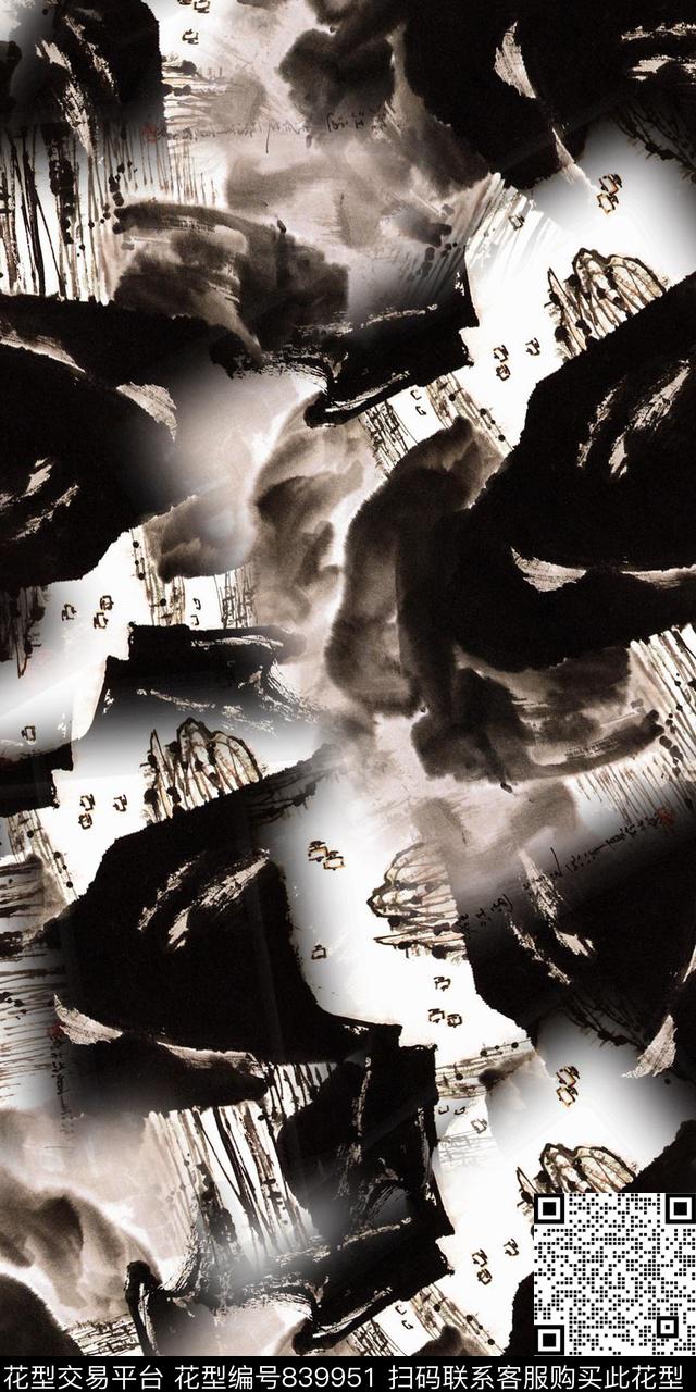 抽象水墨黑白数码印花华亿平台下载（图片编号: 839951） - 瓦栏（Walan）