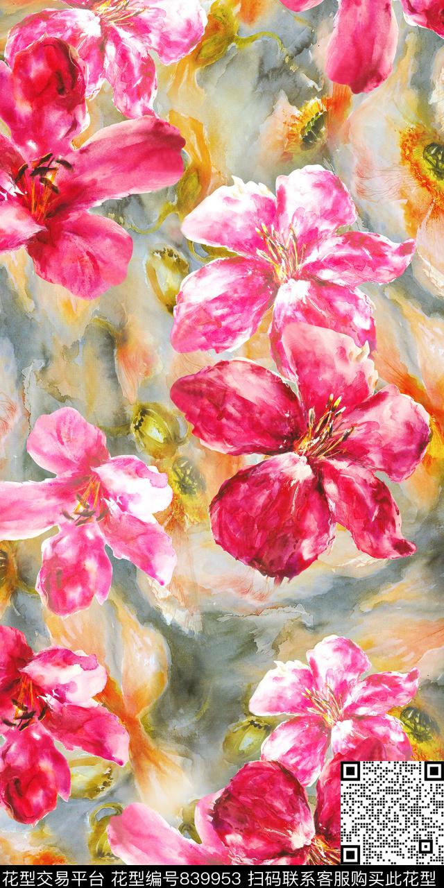 大花手绘花卉水彩花卉数码印花华亿平台下载（图片编号: 839953） - 瓦栏（Walan）